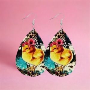 🐥🌸 Leopard Floral Chick Teardrop Earrings 🌸🐥